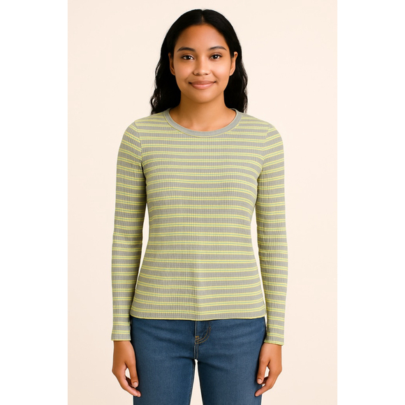 American Eagle Ribbed Long Sleeve Tee XS Gray Lime Stripe Stretch Top - Picture 1 of 8
